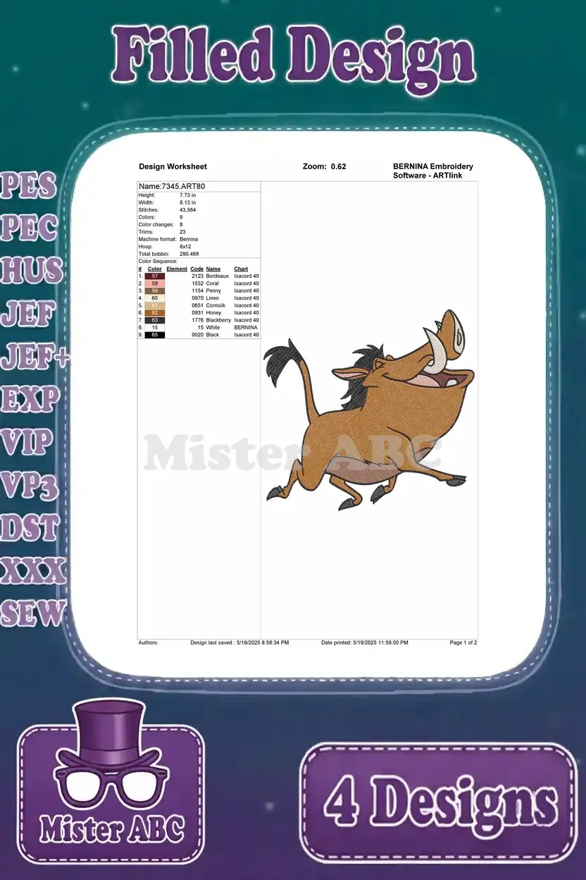 Design worksheet for a Pumbaa running embroidery design, detailing stitch count, colors, and thread types.