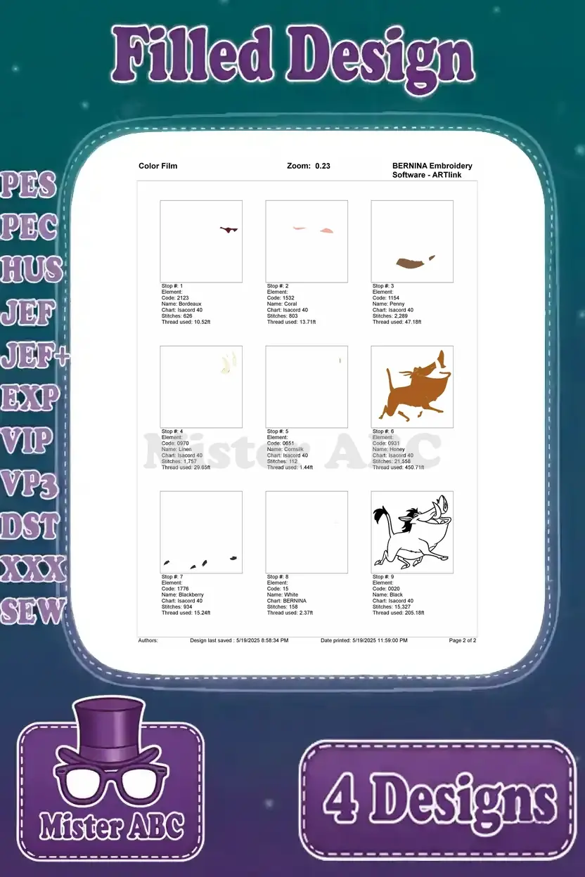Color film sequence for the Pumbaa running embroidery design, illustrating the stitch order for each color.