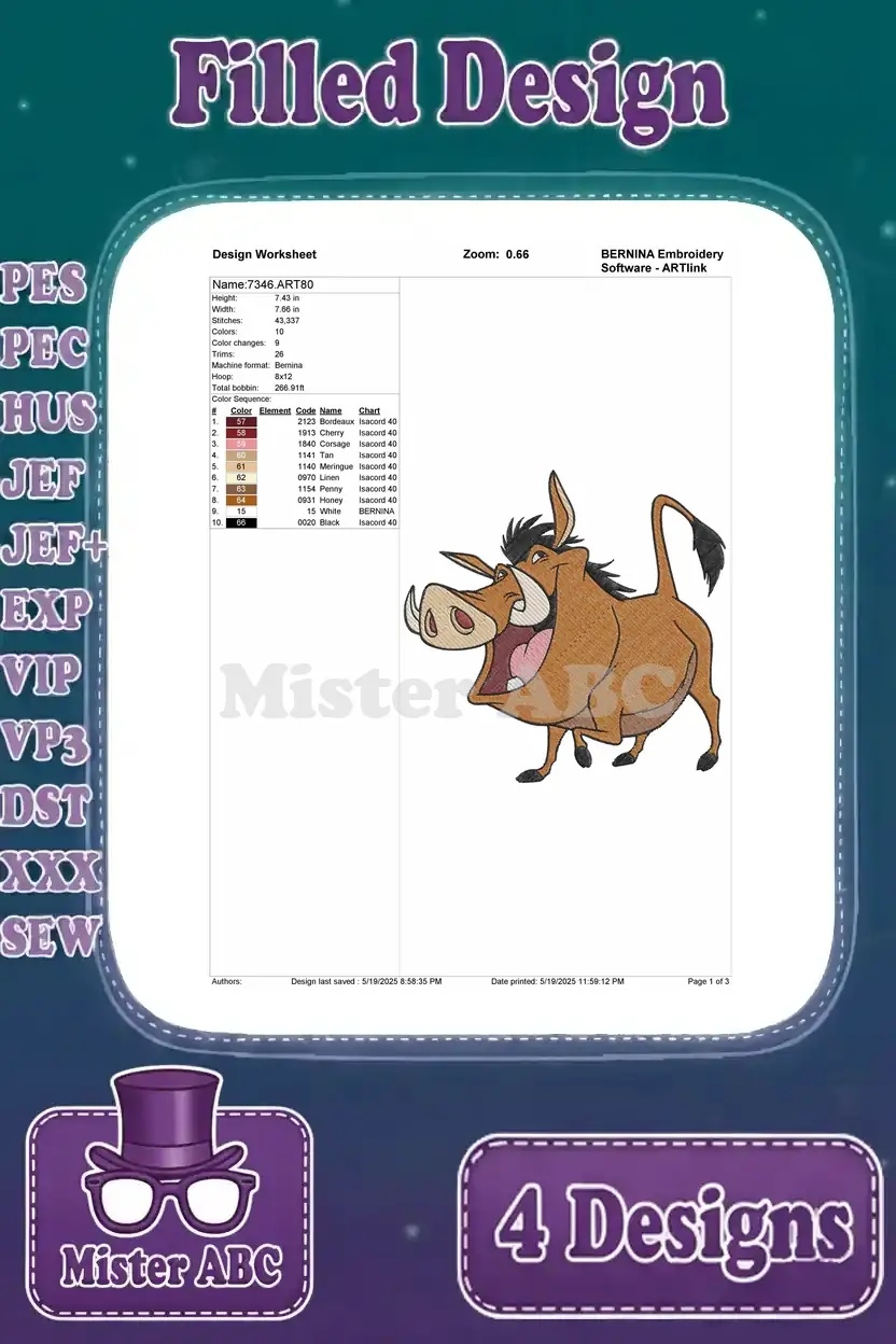 Design worksheet for a laughing Pumbaa embroidery design, showing thread colors, stitch count, and dimensions.