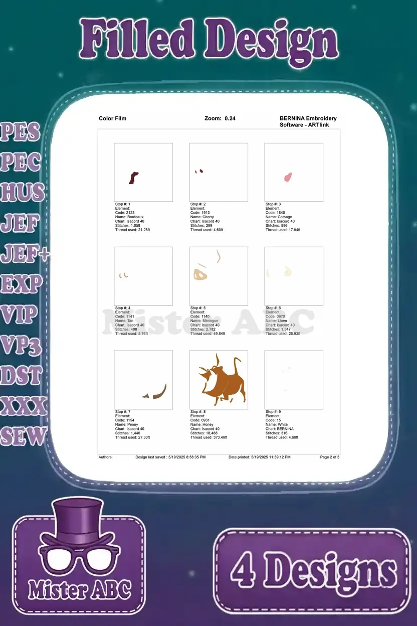 Part one of the color film for the laughing Pumbaa embroidery design, showing initial color layering.