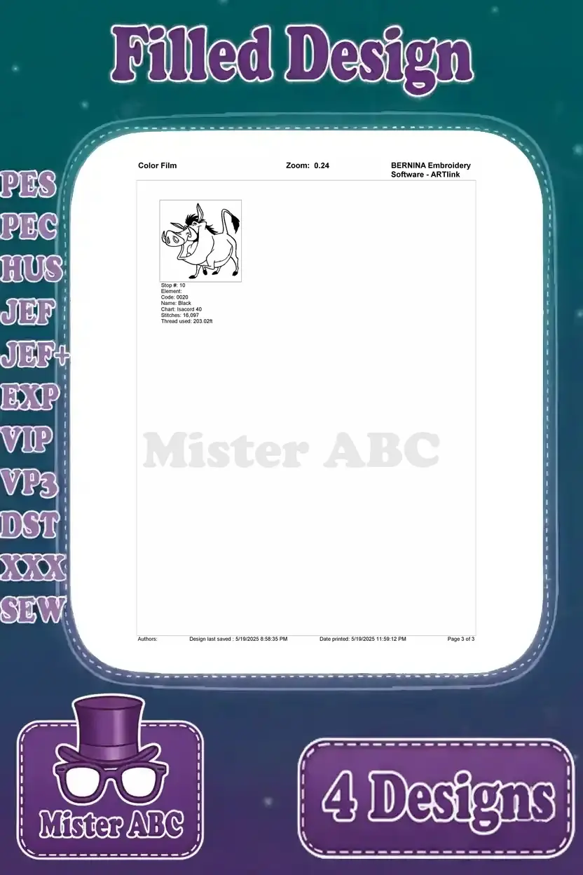 Part two of the color film for the laughing Pumbaa embroidery design, completing the color sequence.