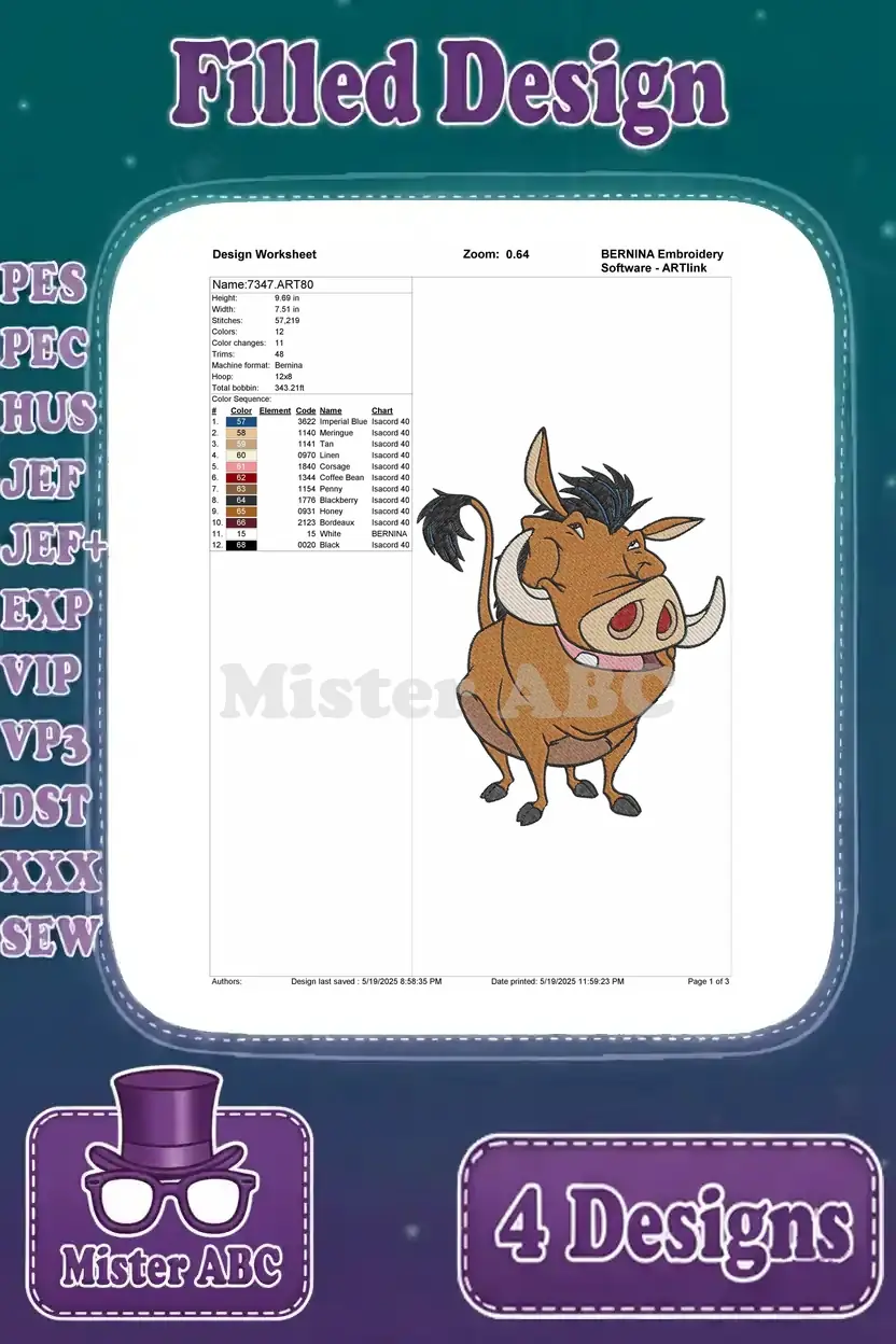 Design worksheet for a smiling Pumbaa embroidery design, including thread colors, stitch counts, and hoop size.