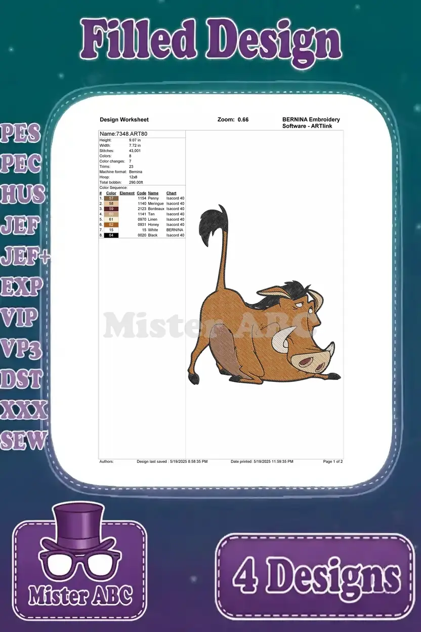 Design worksheet for a sleeping Pumbaa embroidery design, showing stitch count, color changes, and hoop size.