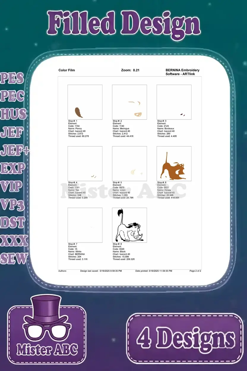 Color film sequence for the sleeping Pumbaa embroidery design, illustrating each color's stitching order.