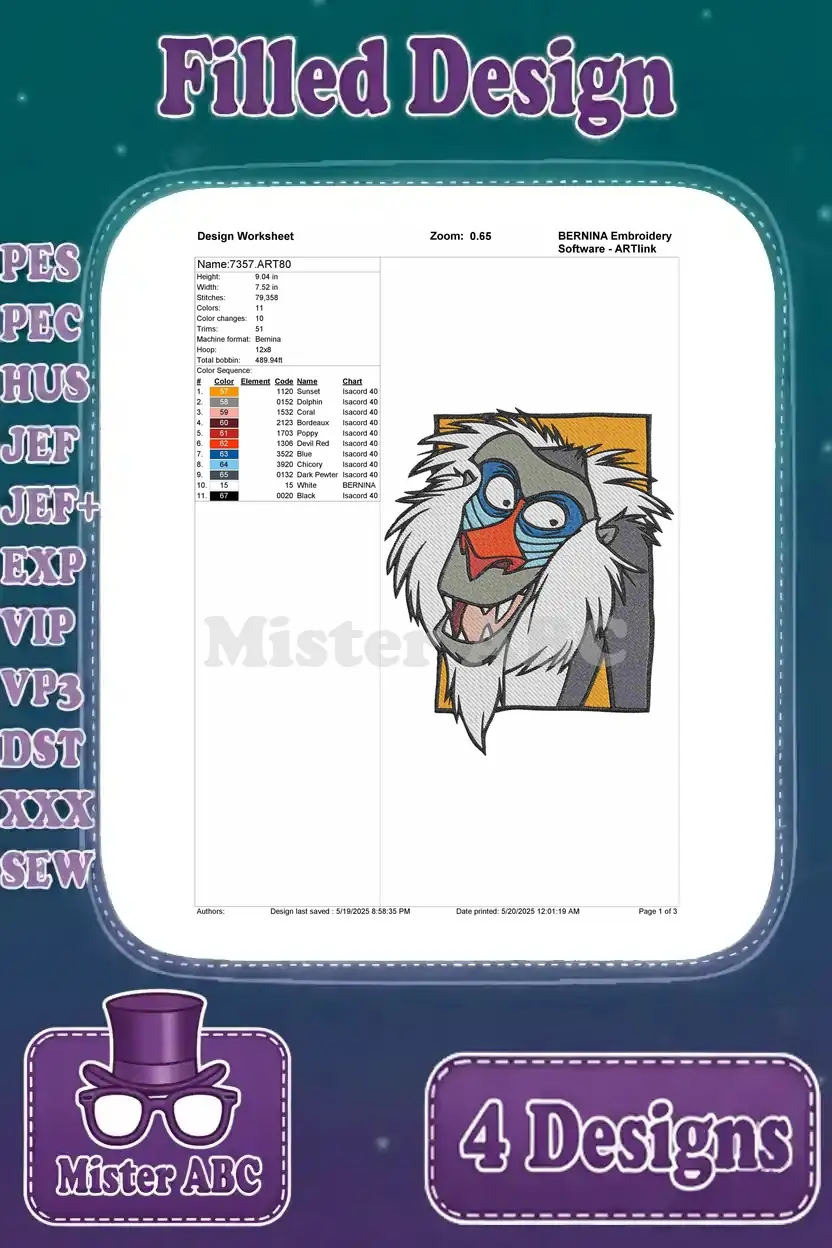 Detailed design worksheet for the first Rafiki embroidery, showing stitch count, color changes, and thread chart.