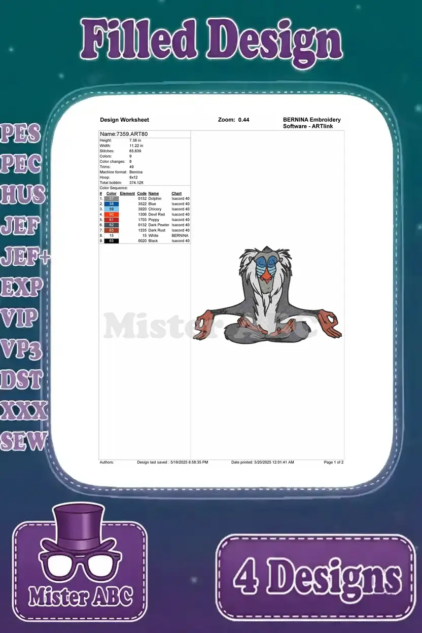 Comprehensive design worksheet for the meditating Rafiki embroidery, detailing stitch count, dimensions, and colors.