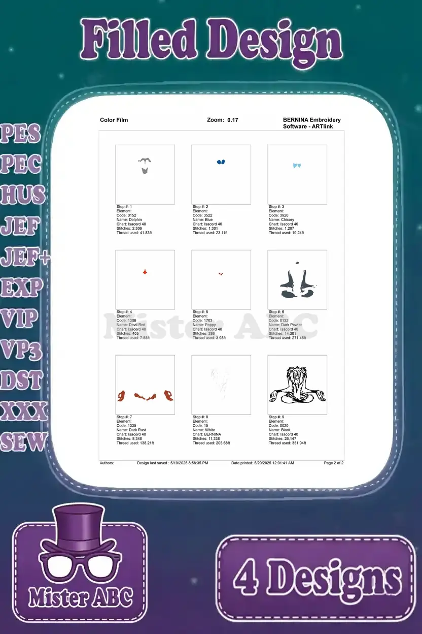 Color film breakdown for the meditating Rafiki design, illustrating the entire sequence of embroidery steps.