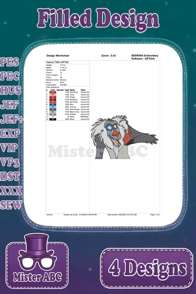 Technical design worksheet for the Rafiki looking back embroidery, detailing stitch count, dimensions, and thread colors.
