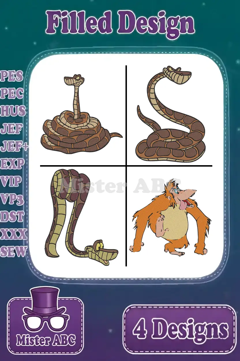 A vibrant grid showcasing 4 distinct filled embroidery designs: three poses of Kaa the snake and one of King Louie.