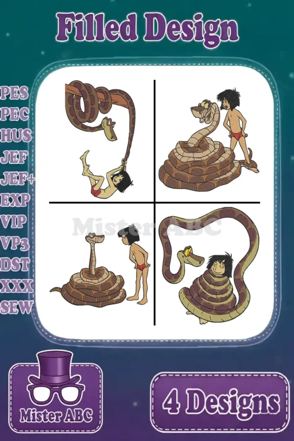Overview of four charming filled embroidery designs featuring Mowgli and Kaa from The Jungle Book in various poses.