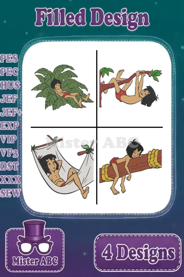 Main image displaying four filled embroidery designs of Mowgli from The Jungle Book in playful, relaxed poses.