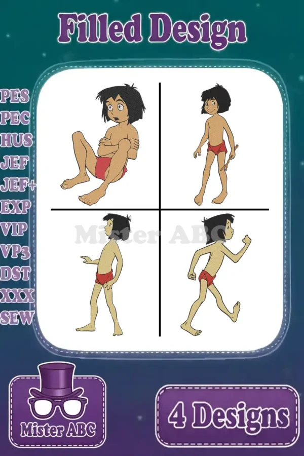 Four vibrant Mowgli filled embroidery designs from The Jungle Book, showcasing various poses and available in multiple formats.