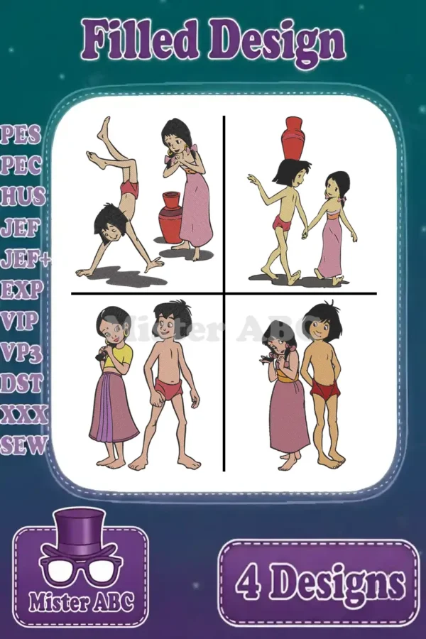 Main product image showing a bundle of four filled embroidery designs featuring Mowgli and Shanti in various poses.