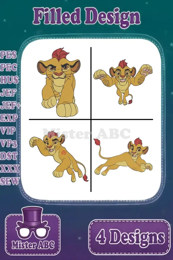 A vibrant collection of four Kion embroidery designs in various poses, showcasing filled stitch quality and available formats.