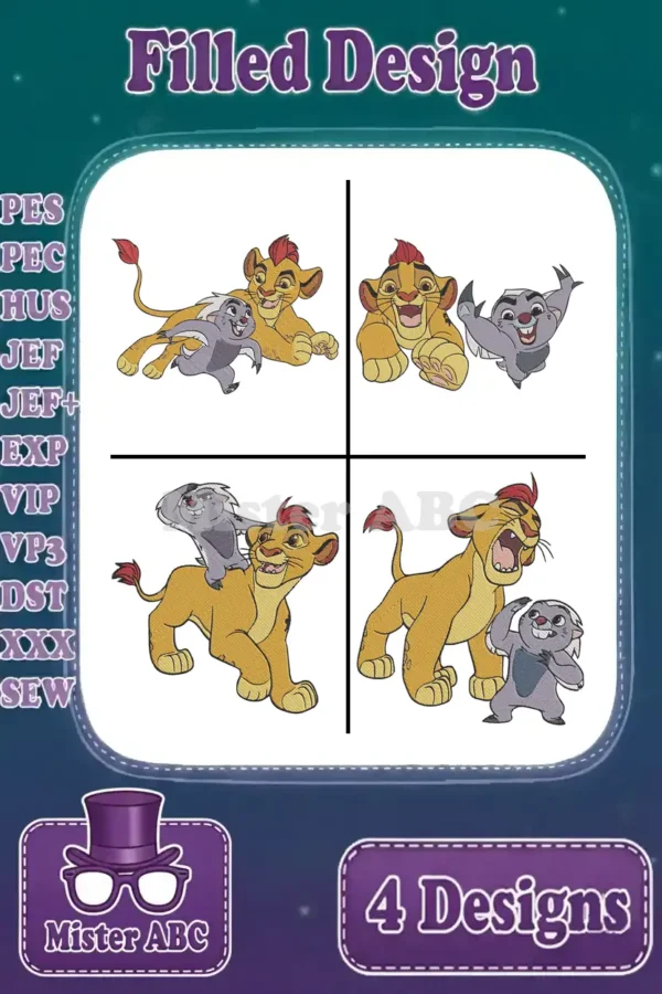 Four vibrant filled embroidery designs featuring Kion and Bunga from Disney's The Lion Guard in various playful poses.