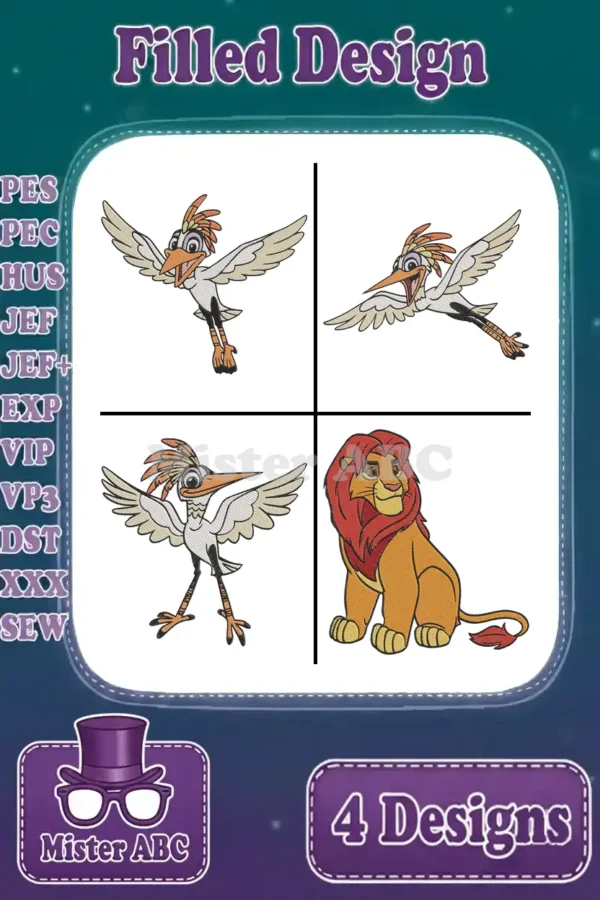 A vibrant embroidery design bundle featuring Zazu in three flying poses and a sitting Simba. Filled stitches.