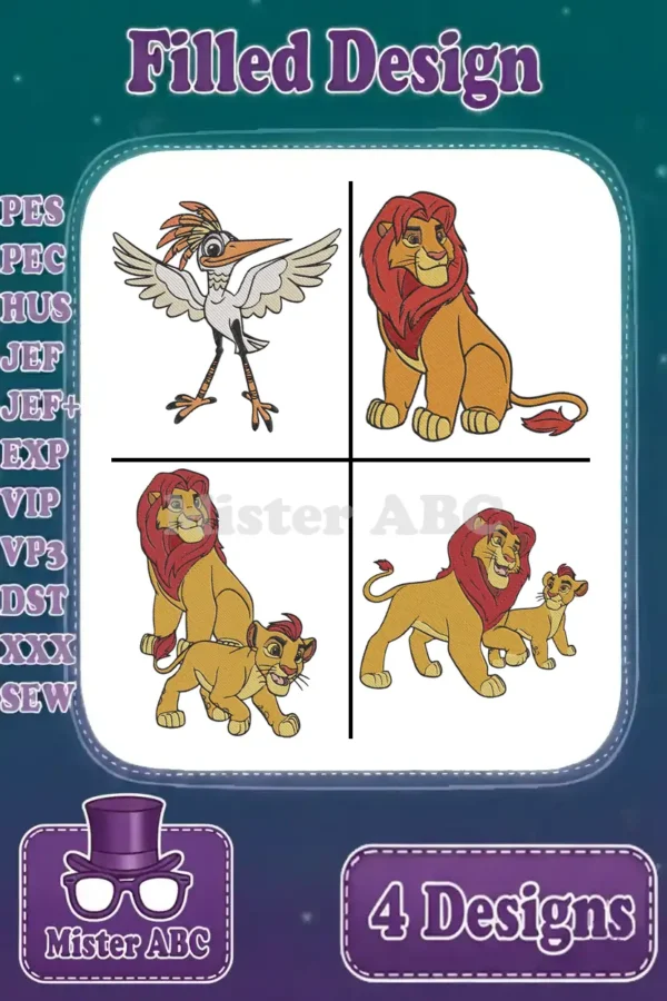 Main image displaying four filled machine embroidery designs: Zazu, adult Simba, and two designs featuring Simba with young Simba.