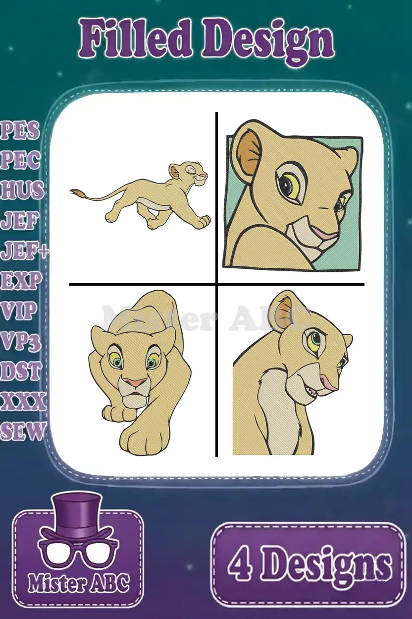 A vibrant collage of four filled embroidery designs featuring Nala, the beloved lion cub from Disney's Lion King, in various playful poses.