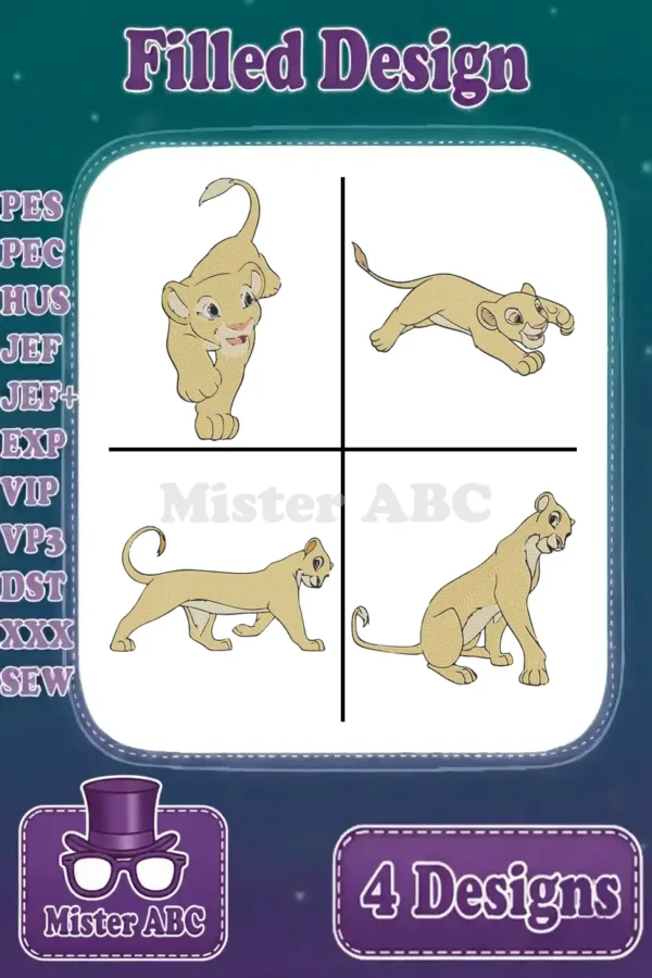 A collection of four adorable filled embroidery designs featuring playful lion cubs in various dynamic poses, ready for stitching.