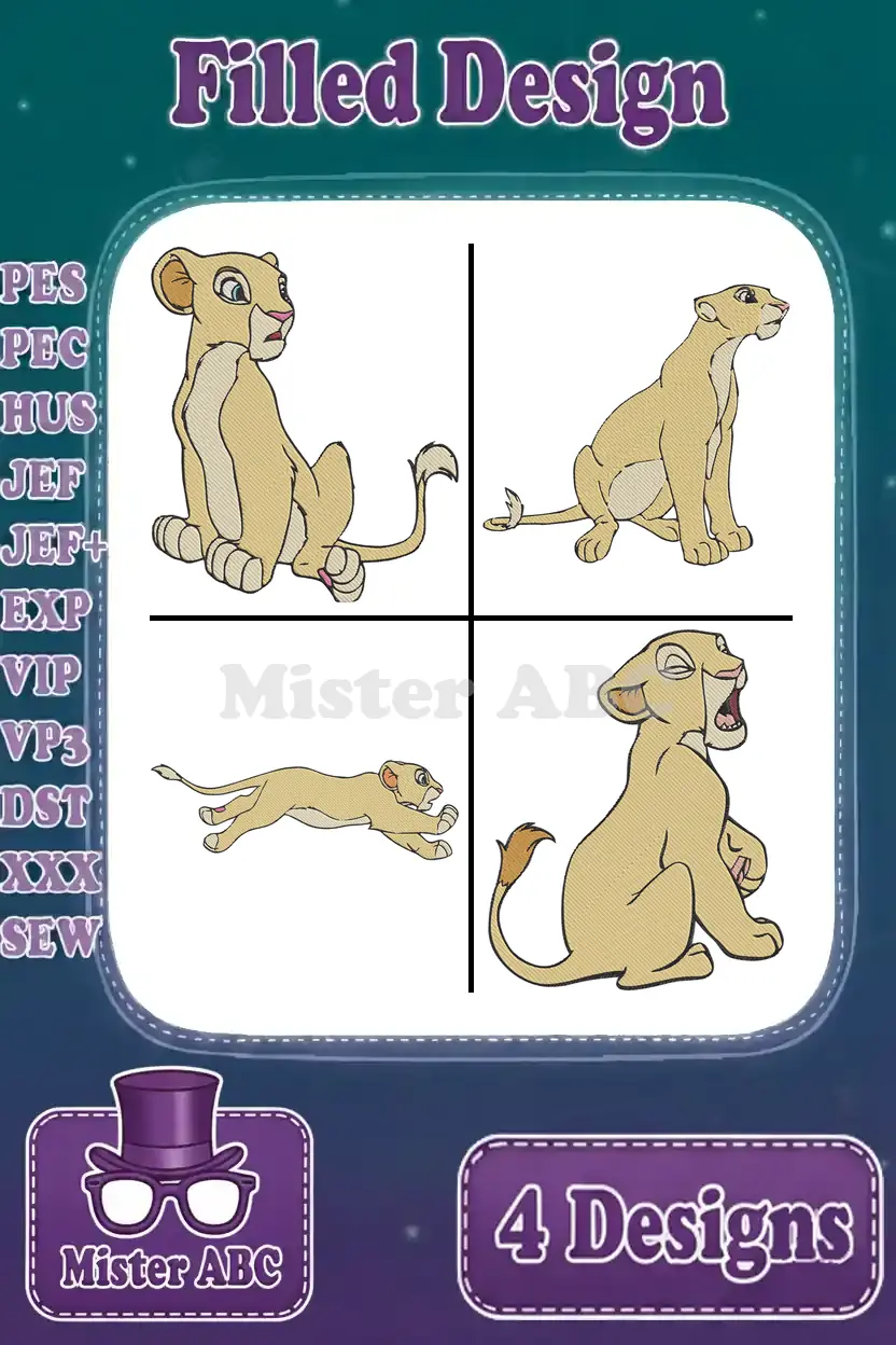 A vibrant collage of four Nala lion cub filled embroidery designs, offering diverse poses for creative projects.