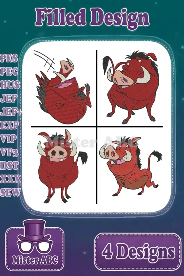 Main product image showing four Pumbaa filled embroidery designs and supported file formats like PES, JEF, DST.