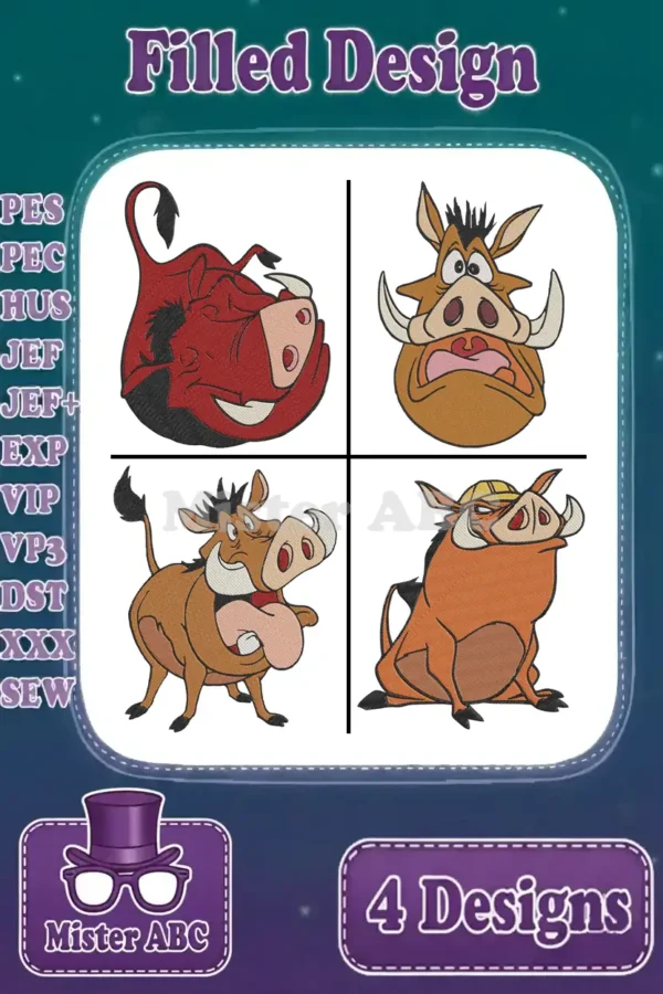 A vibrant embroidery design bundle featuring four distinct Pumbaa poses from The Lion King, ready for crafting.