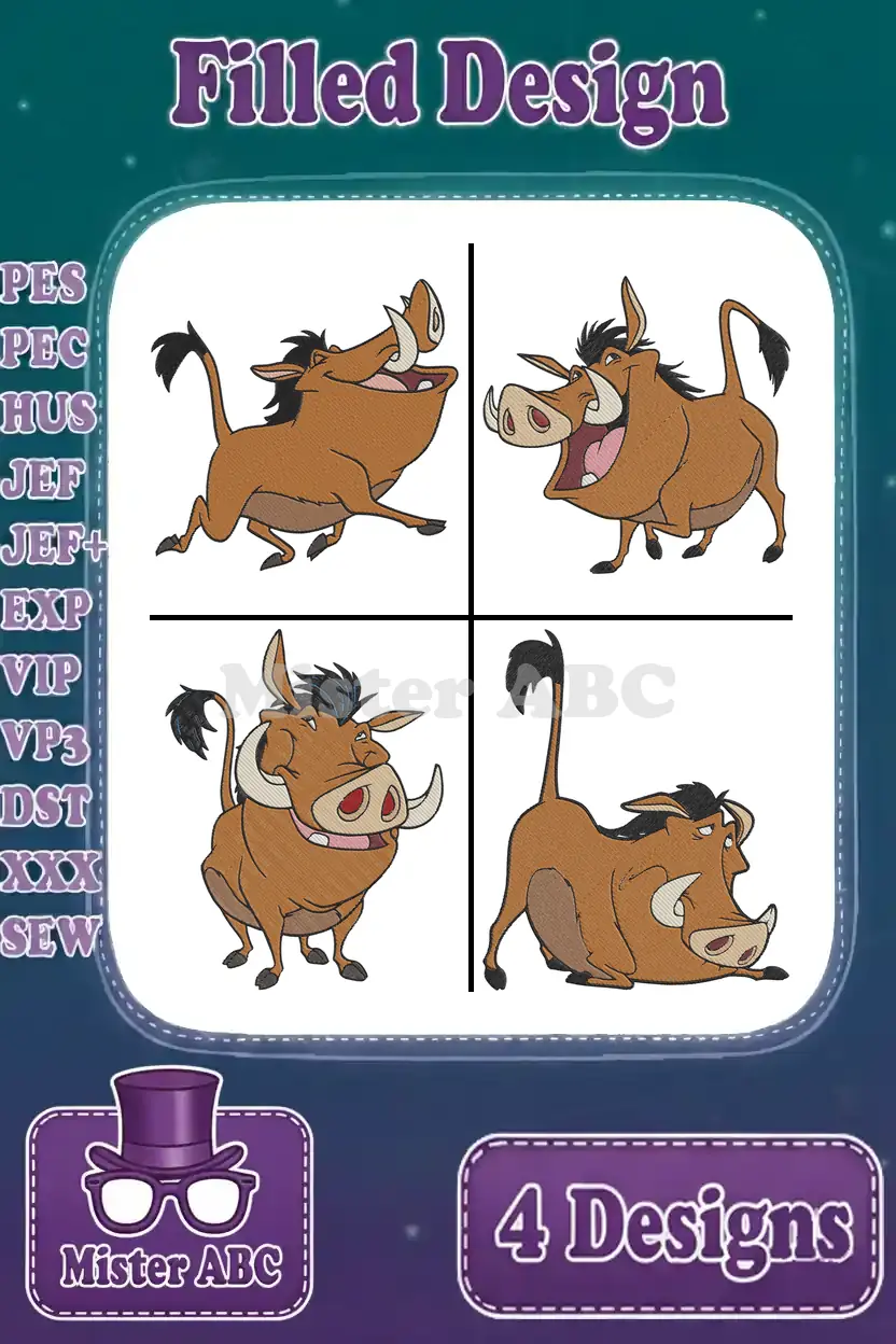 Four vibrant Pumbaa filled embroidery designs in various poses, ready to bring joy to any fabric project.