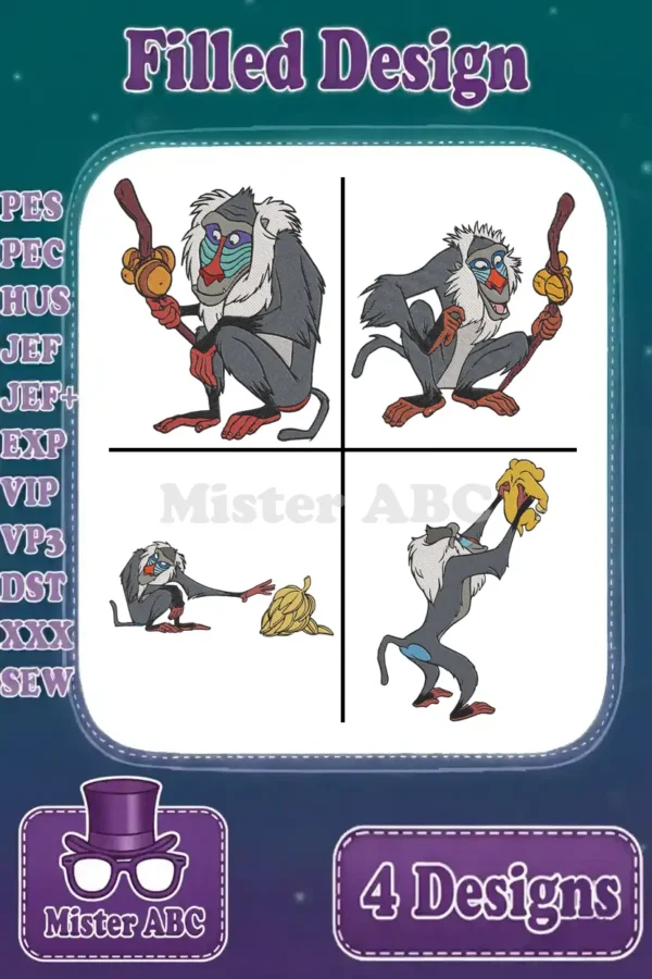 Four vibrant Rafiki embroidery designs in various poses, showcasing filled stitch types for diverse creative projects.