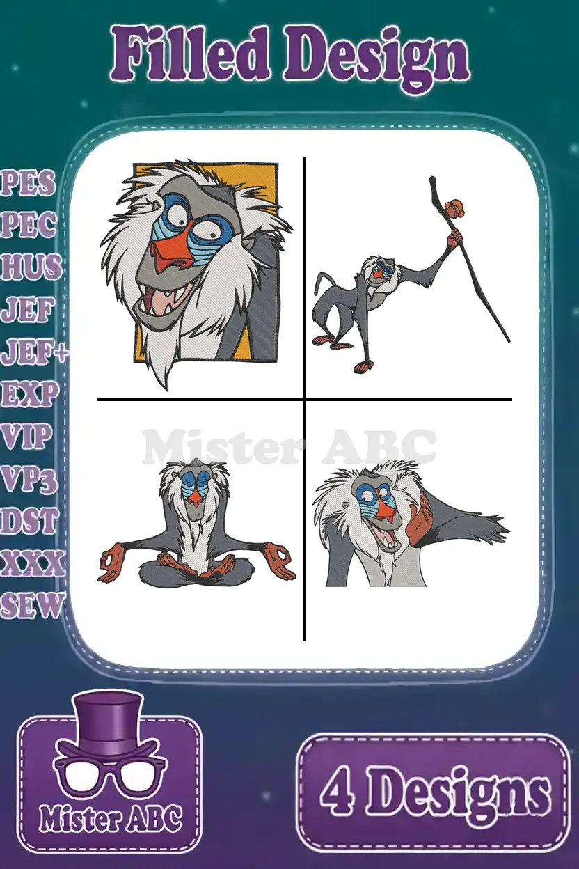A vibrant collage showcasing four distinct filled embroidery designs of Rafiki from The Lion King in various poses.