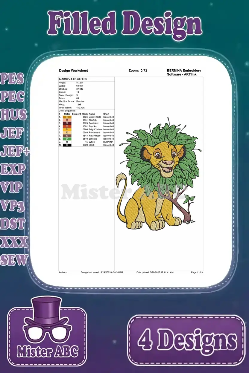 Detailed design worksheet for the first Simba embroidery, showing stitch count, colors, and hoop size specifications.