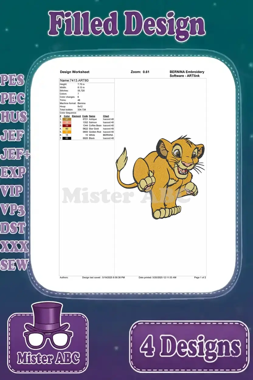 Detailed design worksheet for the standing Simba embroidery, providing essential stitching information and color codes.