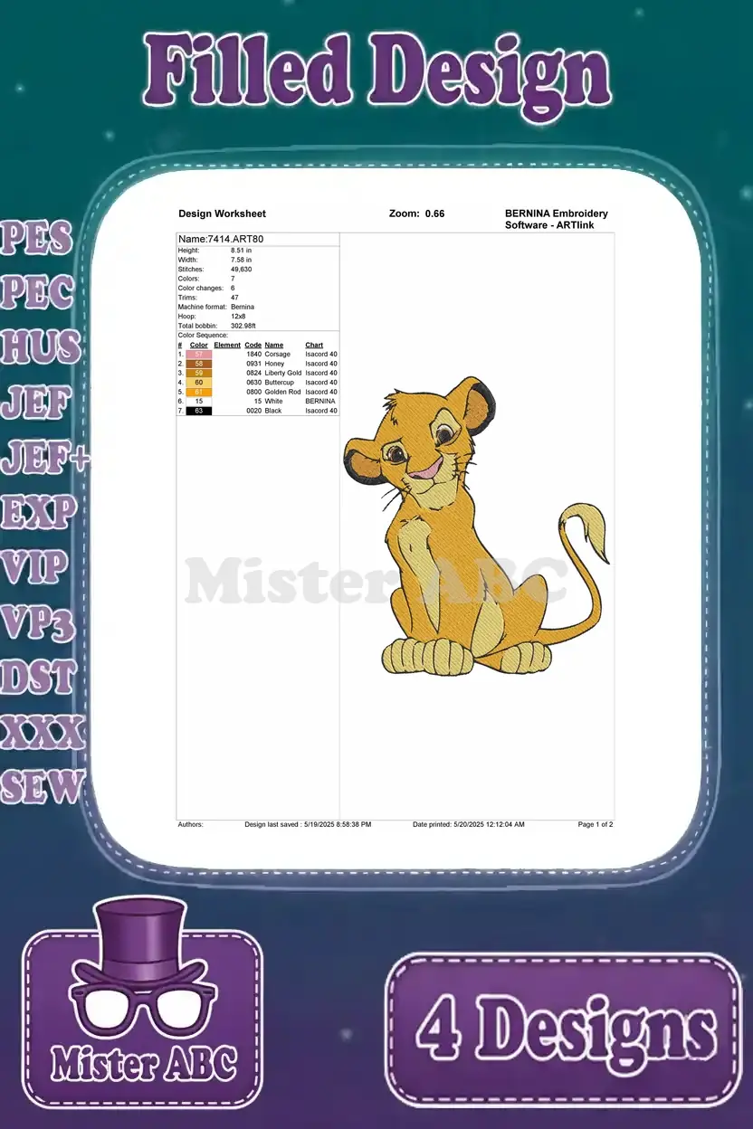 Detailed design worksheet for the sitting Simba embroidery, showing stitch count, colors, and hoop size specifications.