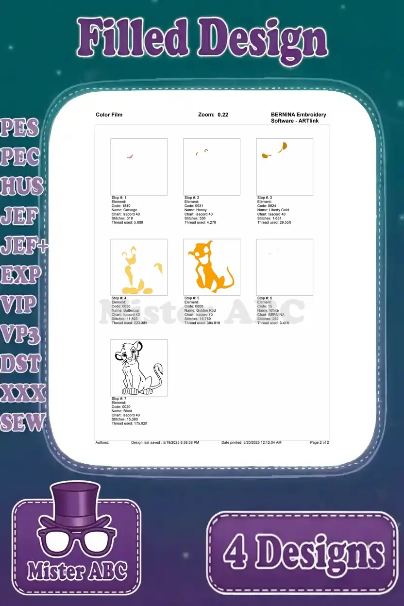Color film breakdown for the sitting Simba design, detailing each color stop and the corresponding stitch counts.