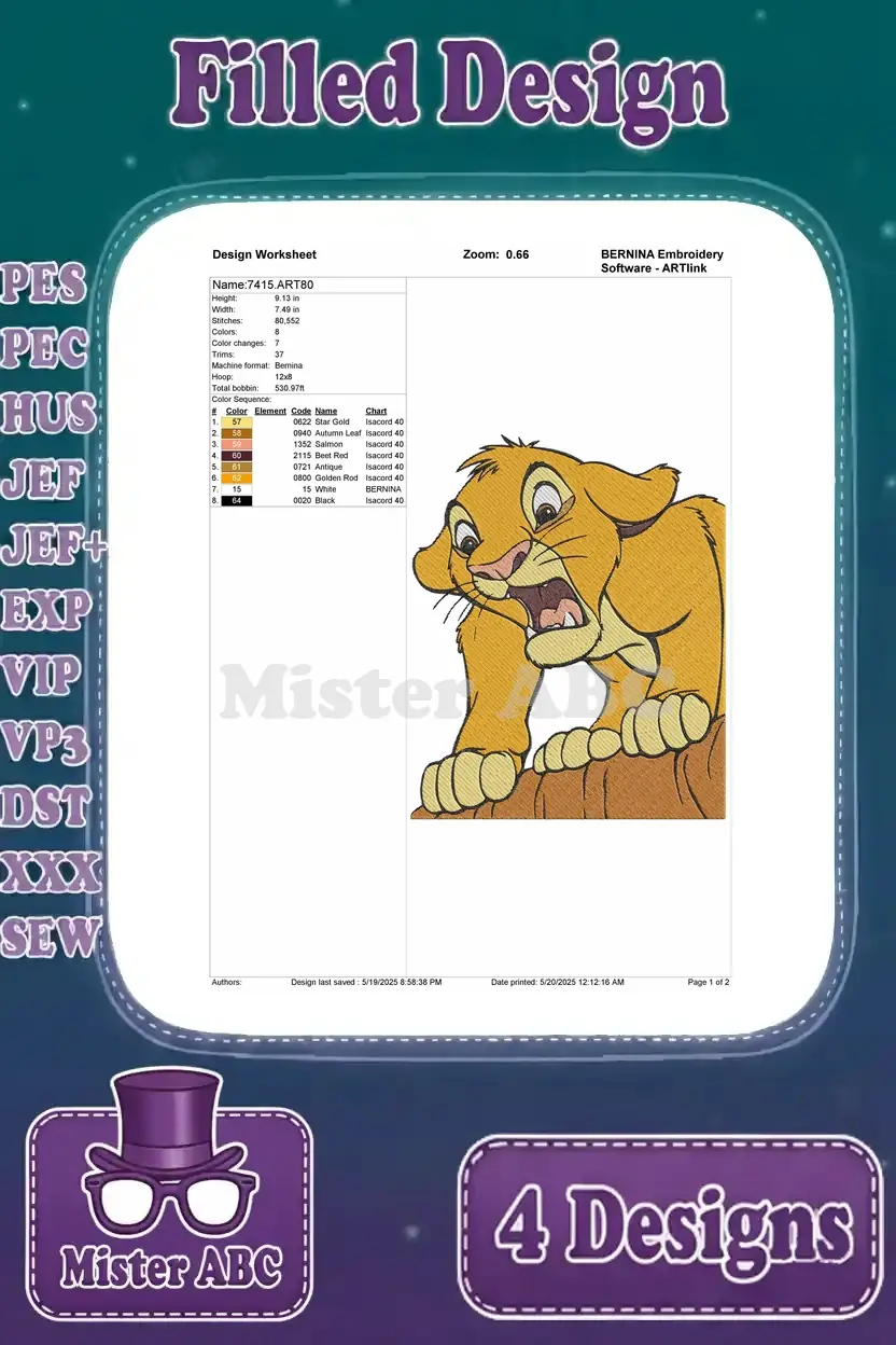Detailed design worksheet for the expressive Simba embroidery, providing essential stitching information and color codes.