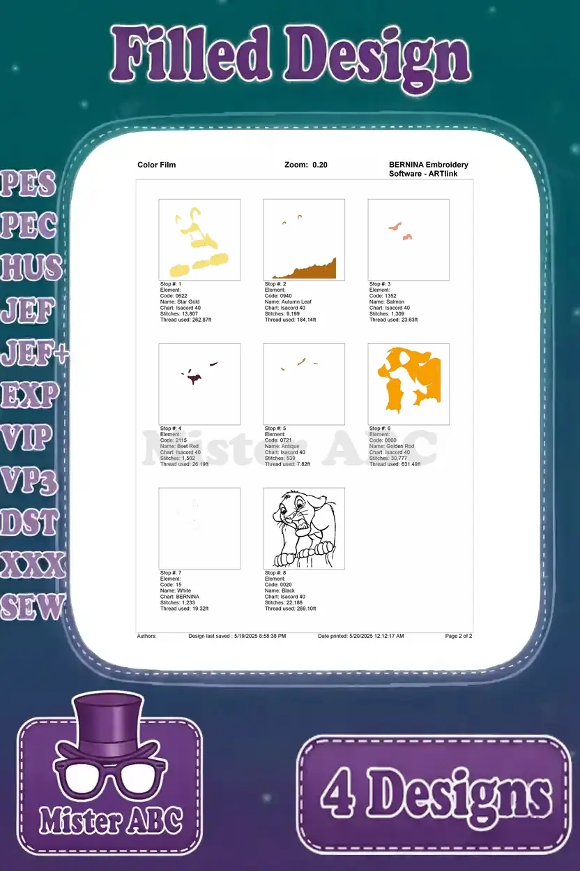 Color film breakdown for the expressive Simba design, detailing each color stop and the corresponding stitch counts.
