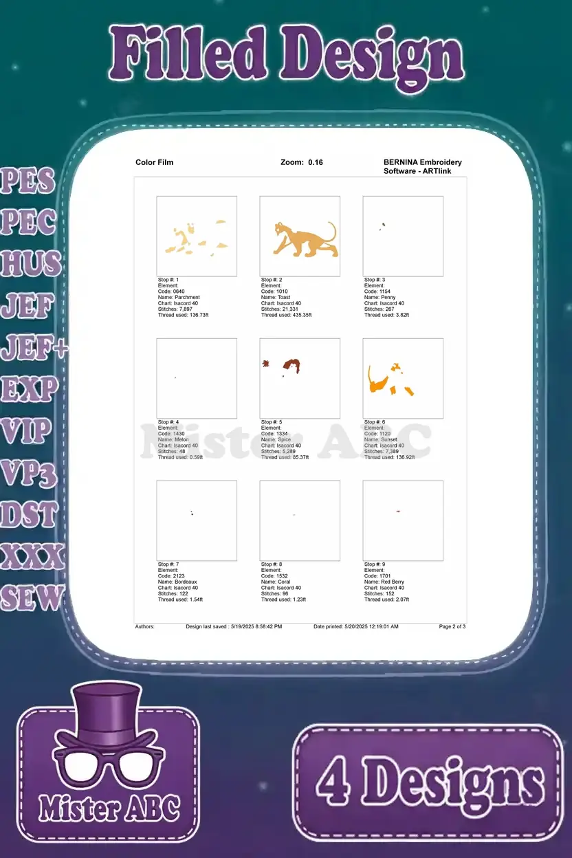 First page of the color film for the playful lion couple design, showing initial color fills and stitch sequences.