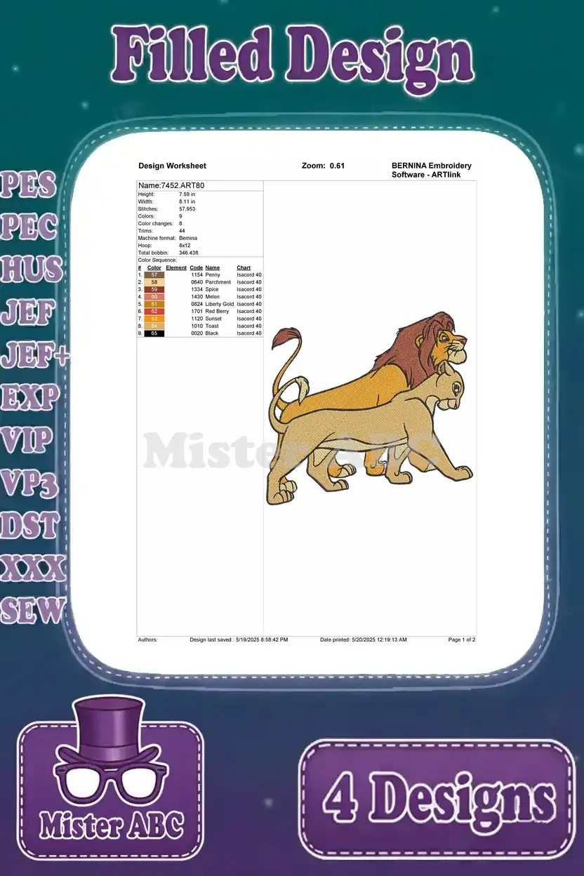 Partial embroidery worksheet for the walking lion couple design, detailing stitch count and initial colors.
