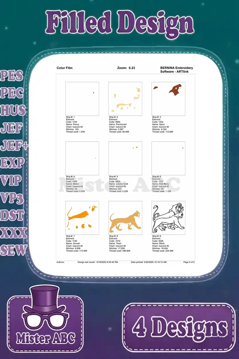 Second page of the color film for the walking lion couple design, showcasing final color fills and outlines.