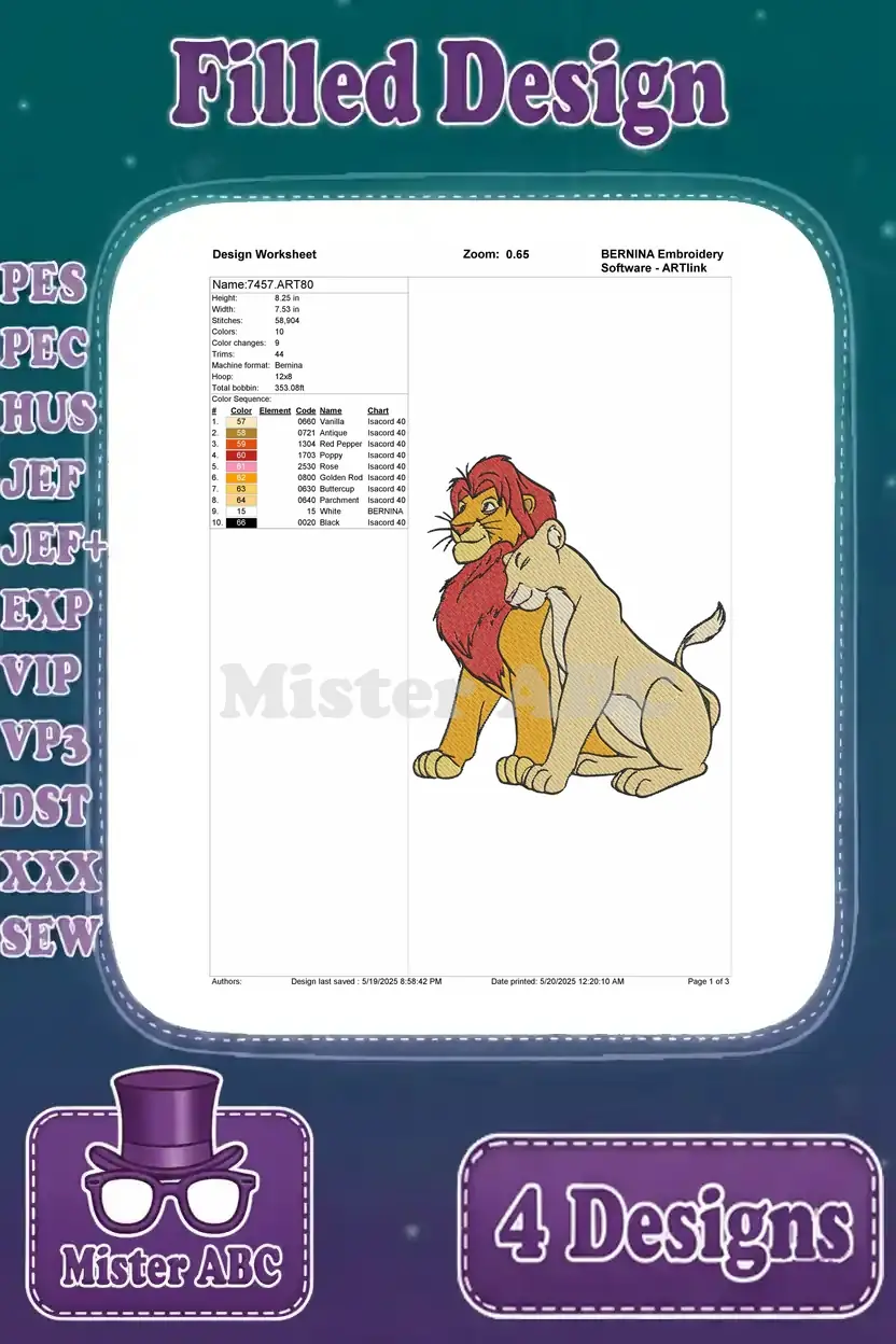Detailed embroidery design worksheet for adult Simba and Nala, showing stitch count, color changes, and thread chart.