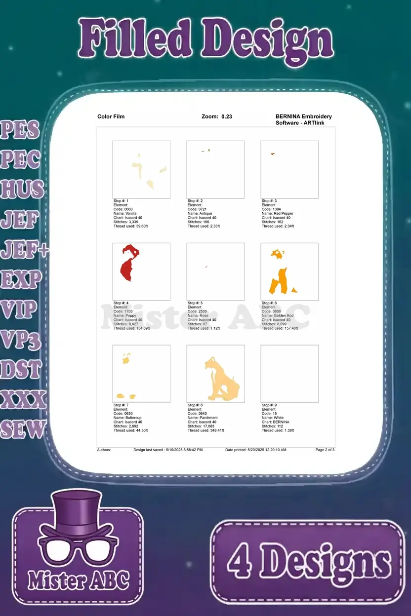 Color film chart for the adult Simba and Nala embroidery design, detailing thread changes and stitch progression.