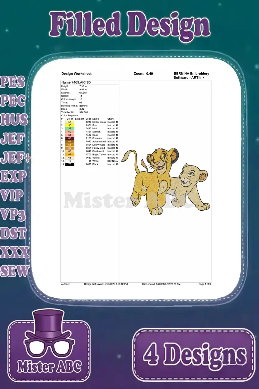 Detailed design worksheet for the 'Simba & Nala standing' filled embroidery, showing stitch count and colors.