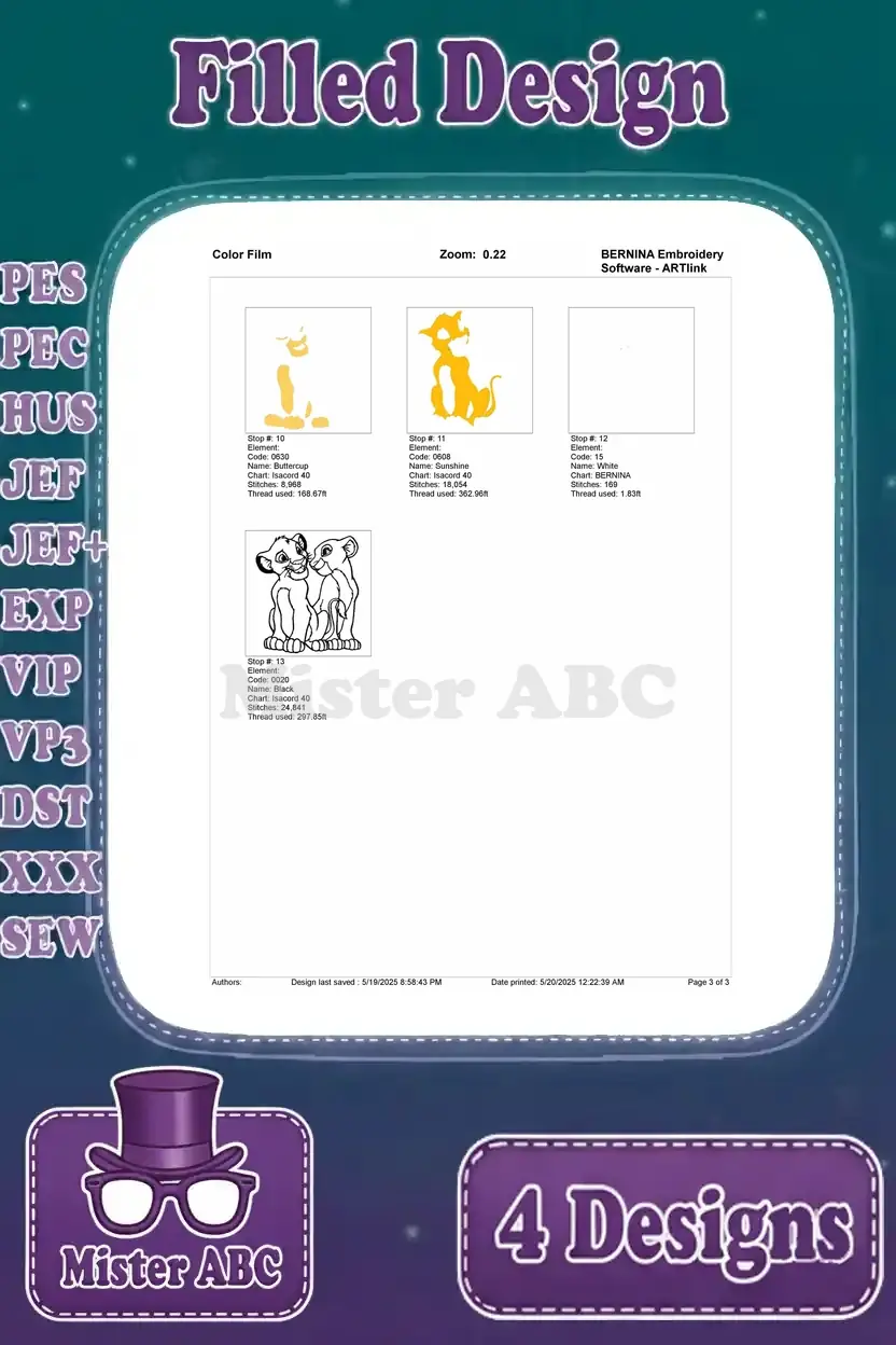 Color film page 2 for the 'Simba & Nala sitting facing' design, showing the completion of stitching.