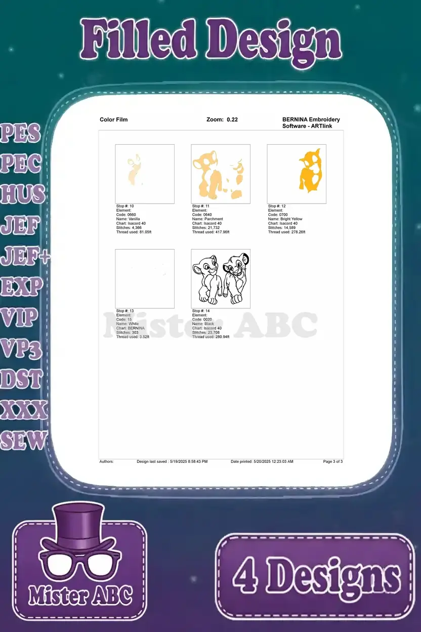 Color film page 2 for the 'Simba & Nala playful' design, illustrating the finishing embroidery steps.