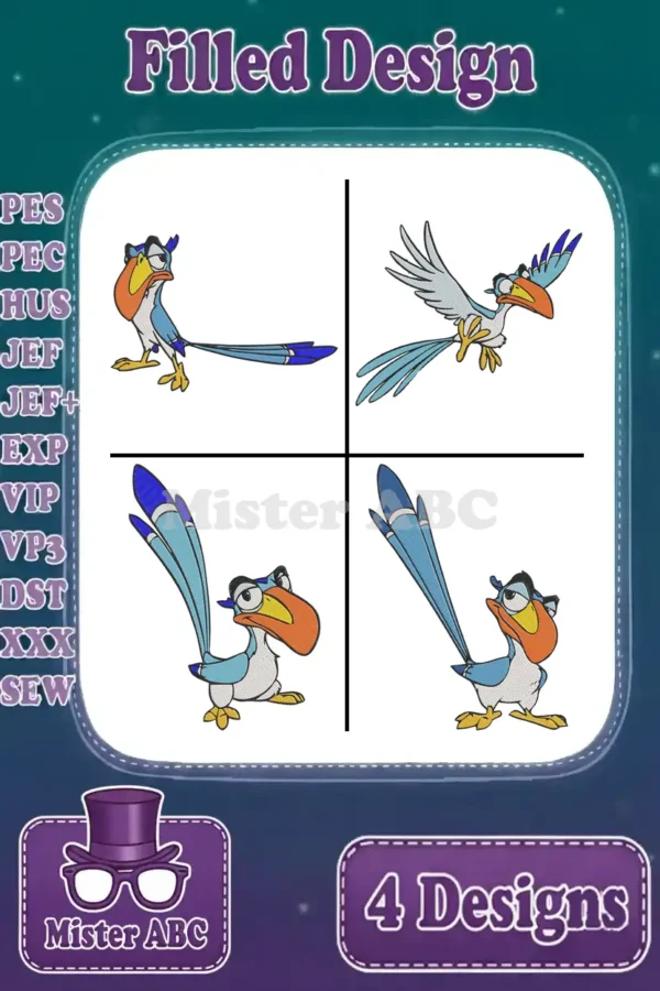 A vibrant collage showcasing four unique Zazu filled embroidery designs in various poses, ready for machine embroidery.