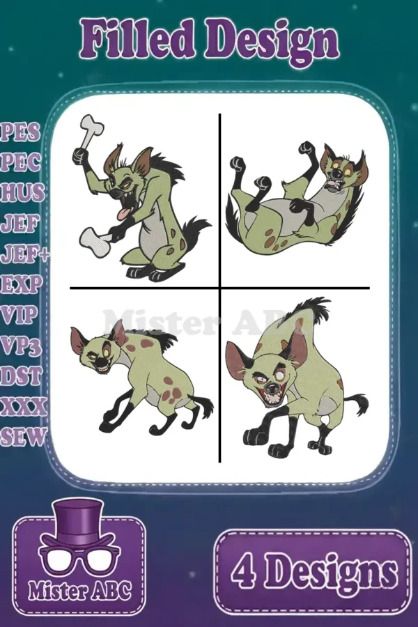 A vibrant overview of four unique filled hyena embroidery designs, showcasing various poses and expressions.