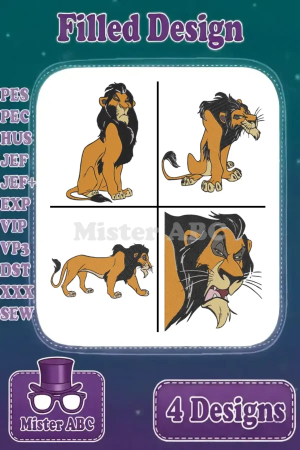 A collection of four filled embroidery designs featuring Scar from The Lion King in various menacing poses, showcasing stitch types.