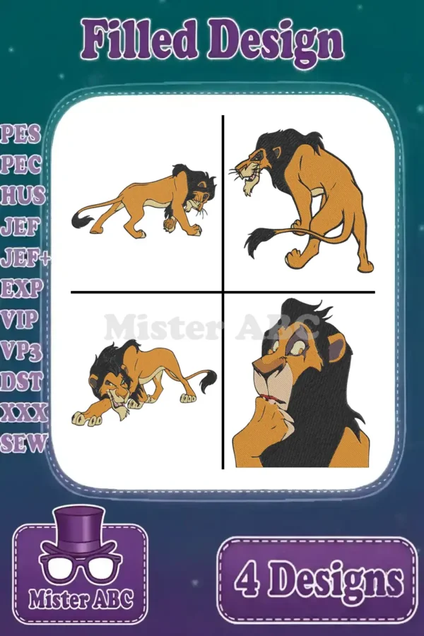 A collection of four filled embroidery designs featuring Scar from The Lion King in various iconic poses, ready for stitching.