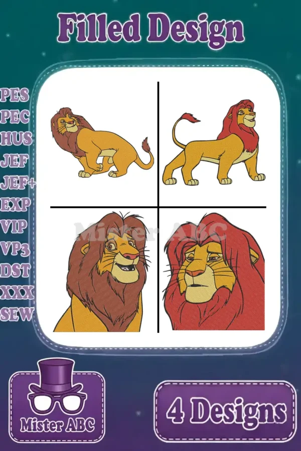 Main product image displaying four distinct Mufasa filled embroidery designs, showcasing supported formats and design bundle.