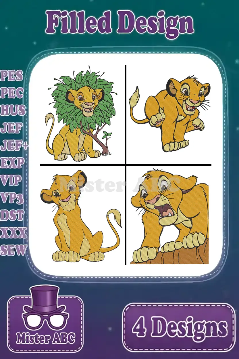 Four distinct filled embroidery designs of young Simba, showcasing various poses and expressions, ready for stitching projects.