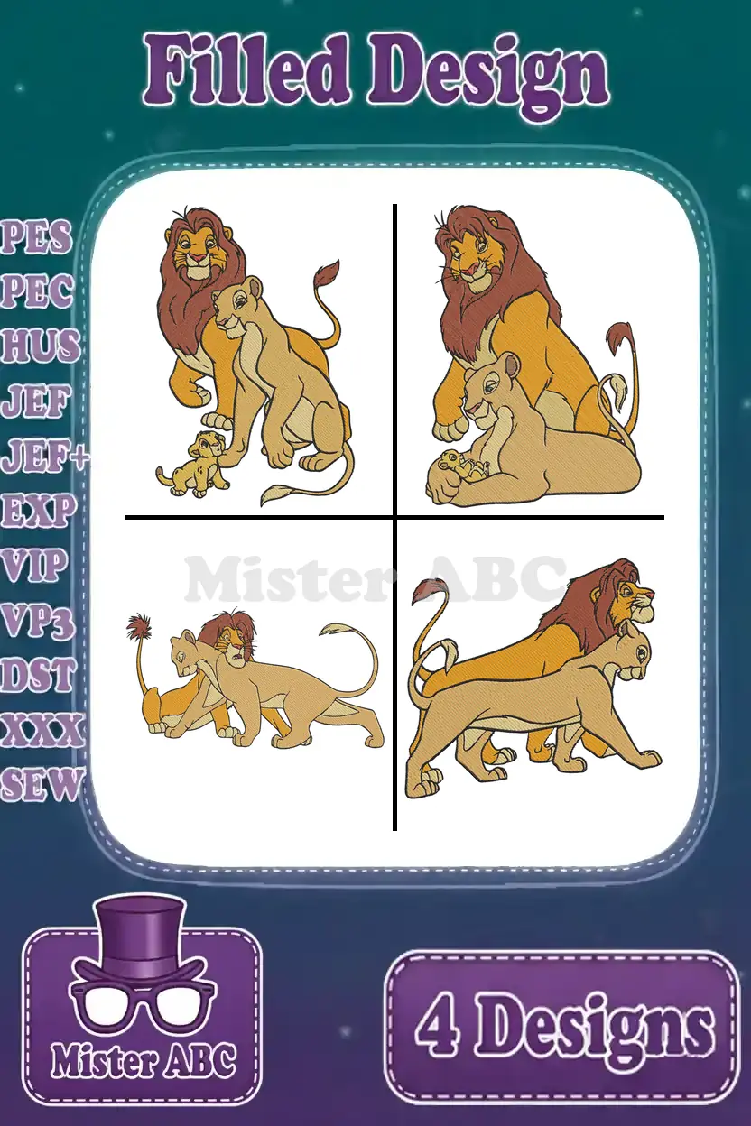 A vibrant display of four filled embroidery designs featuring lion characters, including Simba, Nala, and a cub.